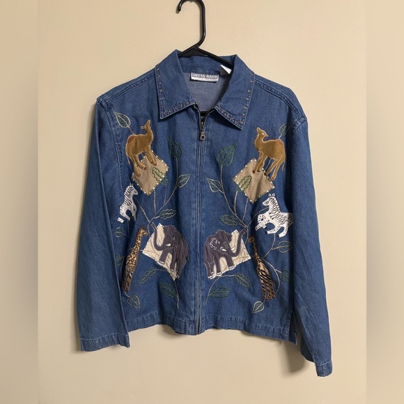 Vintage Dress Barn Appliqued Jungle Animals Denim Zip Jacket Size Small Zebra - Picture 1 of 7